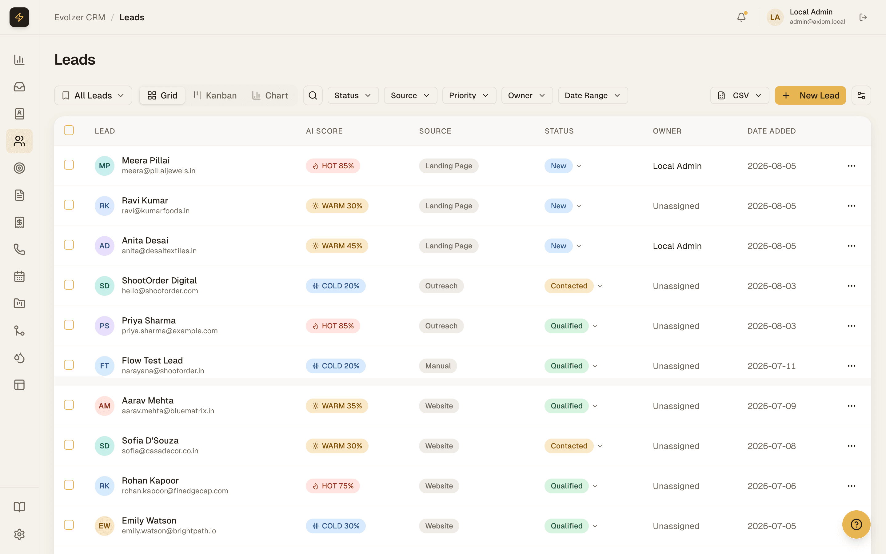 The Leads workspace: AI-scored leads in a table with source, status and owner columns